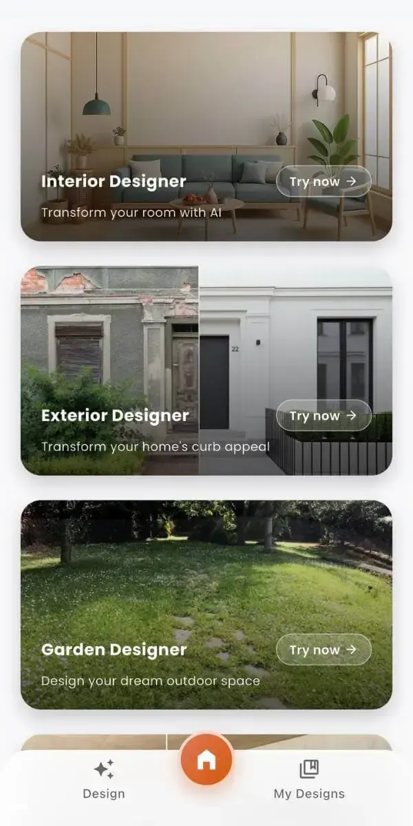 DecorAI mobile app mockup for AI room redesign with before and after preview cards