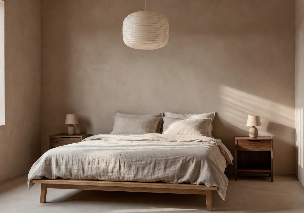 AI-rendered japandi primary bedroom with low oak platform bed and washi pendant — DecorAI AI Interior Design