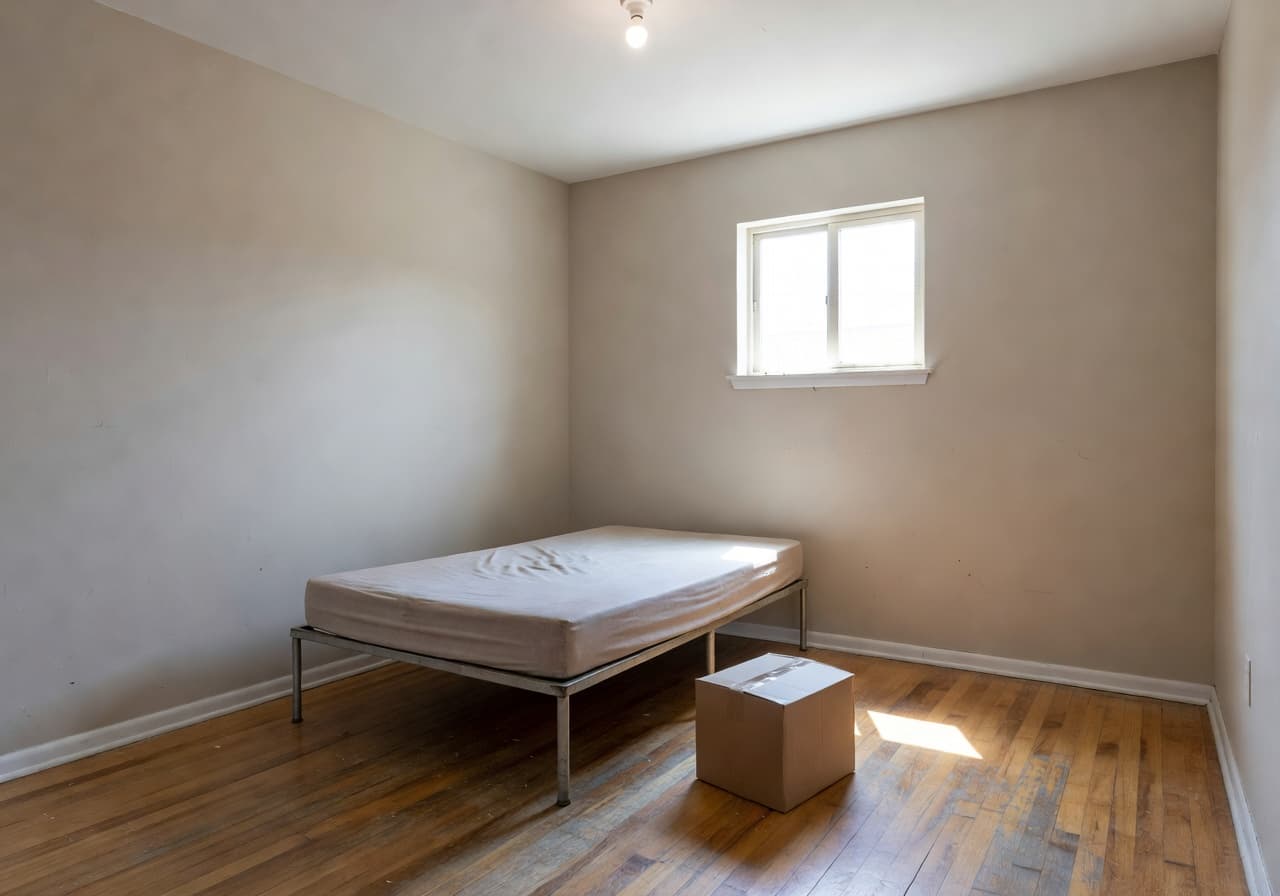 Empty bedroom before AI redesign with bare beige walls and a single mattress