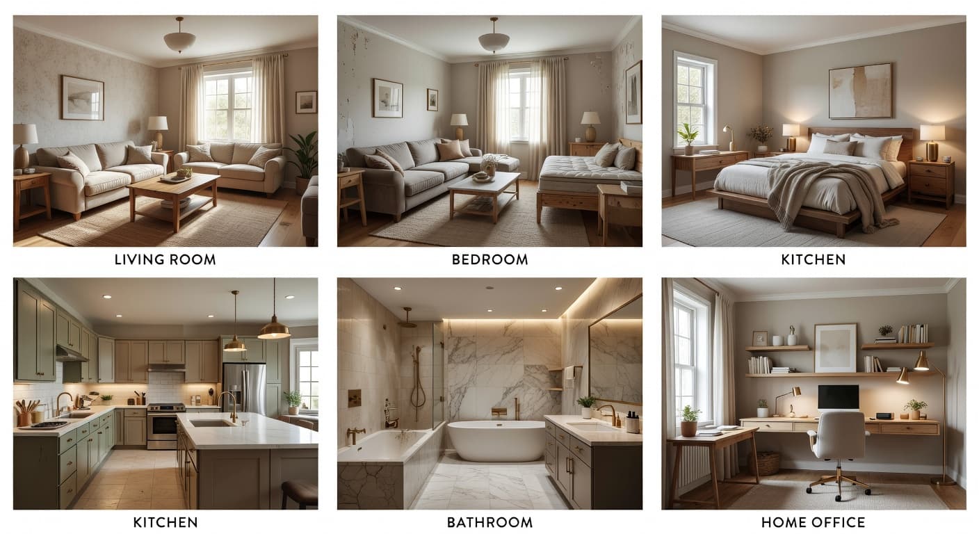 DecorAI before-and-after collage of AI-redesigned living room, bedroom, kitchen, bathroom, and home office