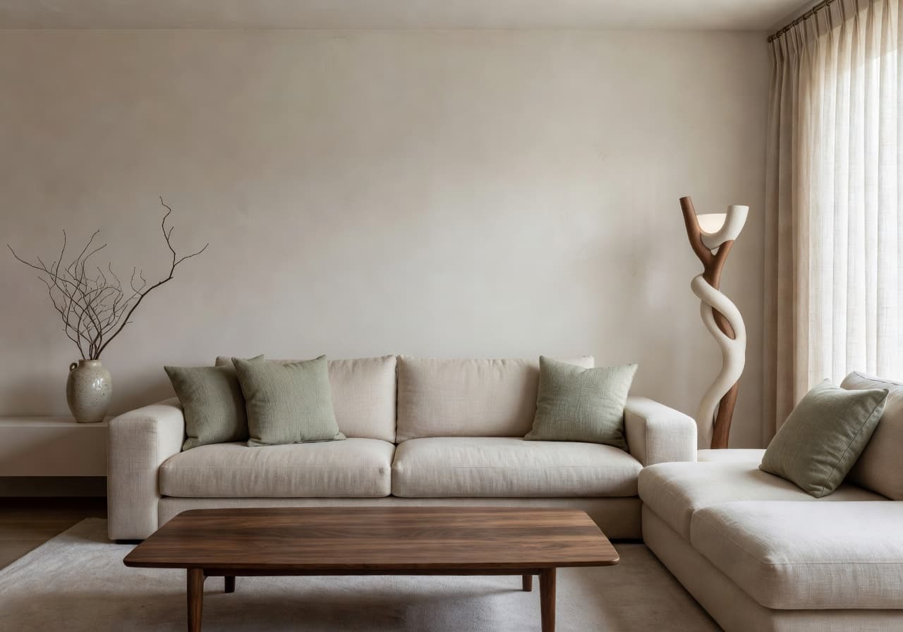 AI-rendered organic modern living room redesign with oat linen sectional and walnut coffee table — DecorAI AI Interior Design