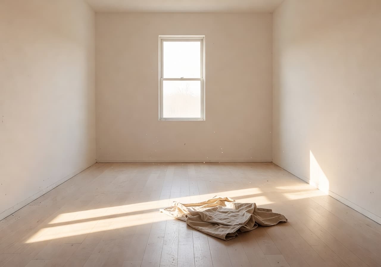 Empty living room before AI room makeover with bare walls and pale oak floors