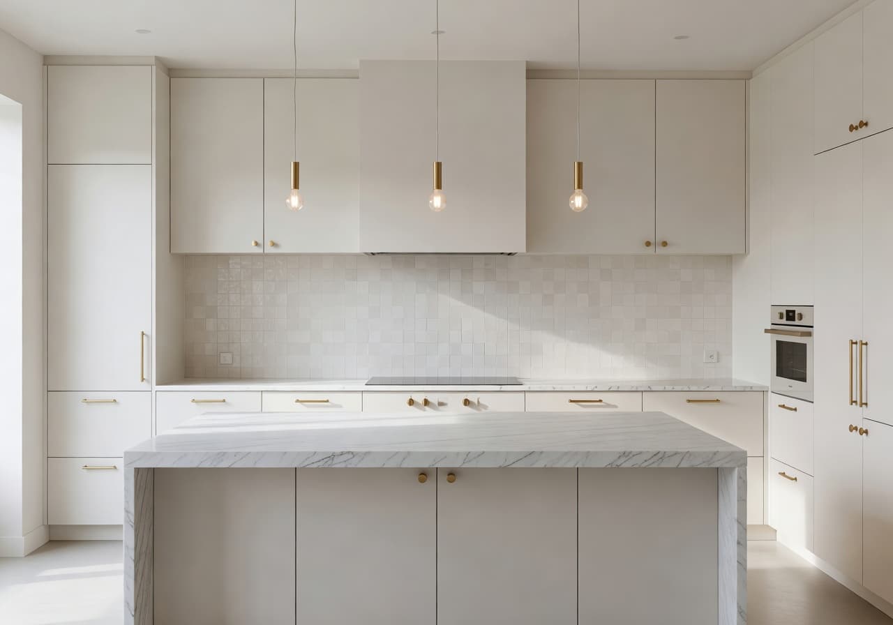 AI-rendered minimalist kitchen redesign with bone-white cabinetry and Carrara marble island — DecorAI AI Interior Design