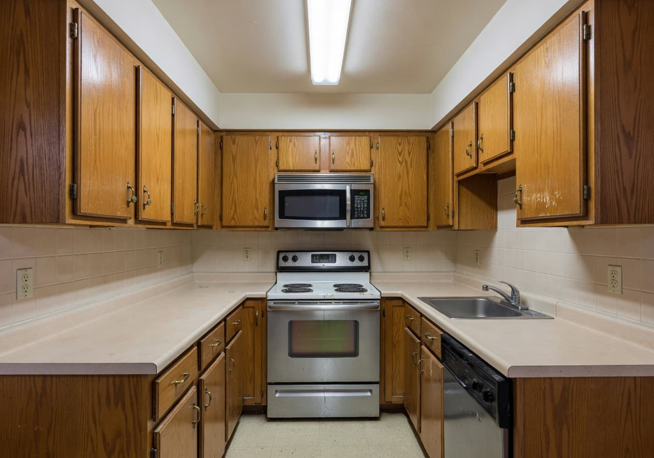 Outdated kitchen before AI remodel with dated oak cabinets and beige laminate counters
