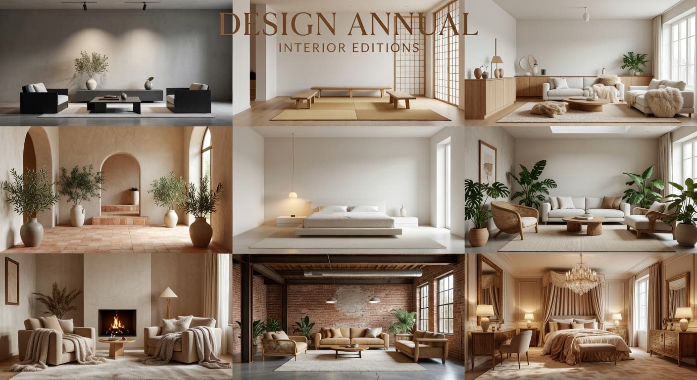 DecorAI style matrix collage of nine AI interior design styles applied across multiple rooms